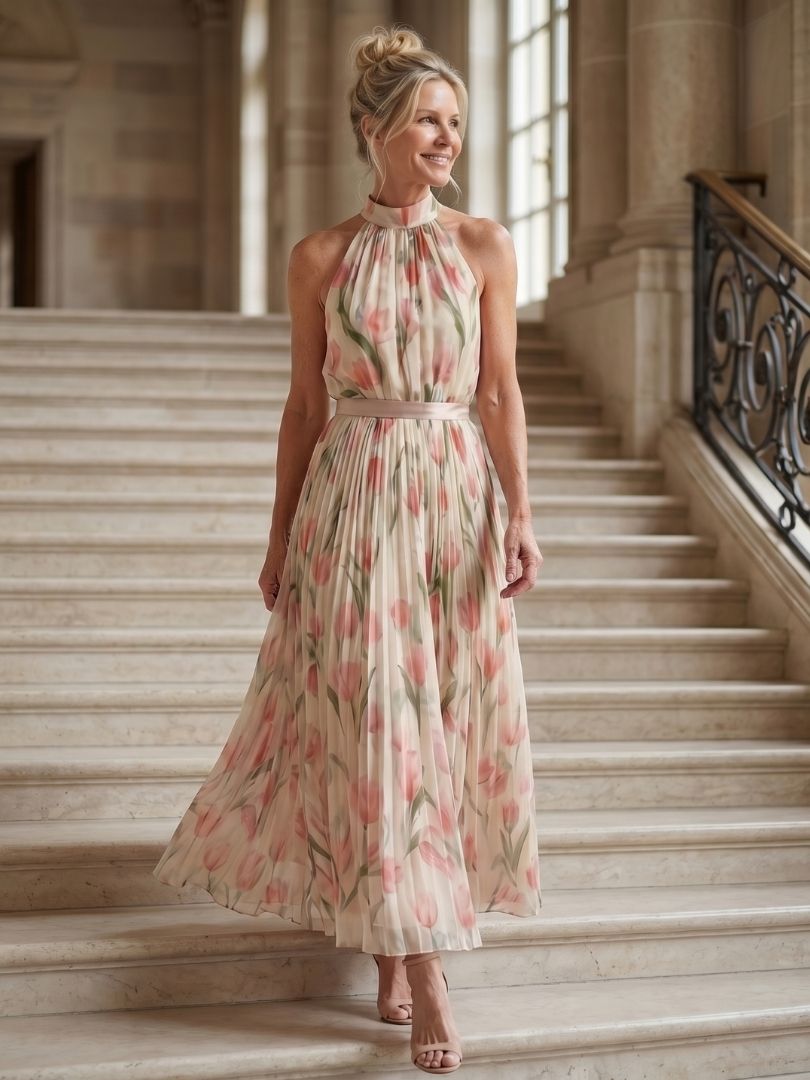 Whitemore & Daughters - Aurelle Midi Dress: Halter-Neck Dress with Belted Waist in Floral Print