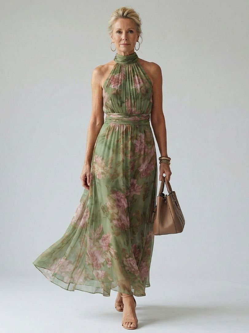 Whitemore & Daughters - Mirelle Maxi Dress: Halter-Neck Gathered Dress in Floral Print