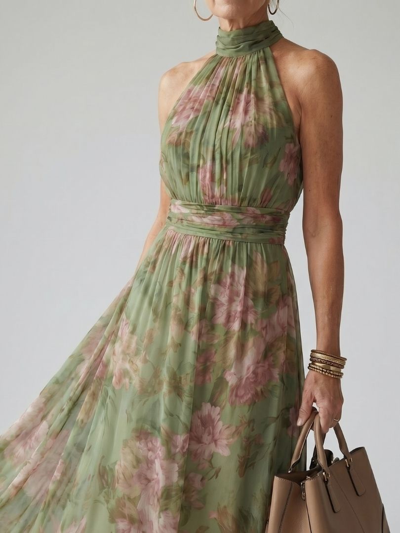 Whitemore & Daughters - Mirelle Maxi Dress: Halter-Neck Gathered Dress in Floral Print