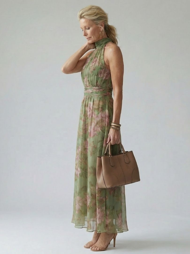 Whitemore & Daughters - Mirelle Maxi Dress: Halter-Neck Gathered Dress in Floral Print