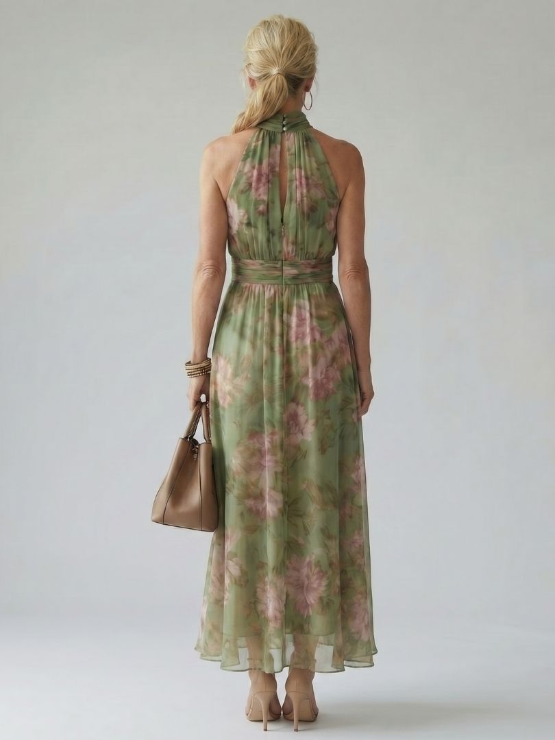 Whitemore & Daughters - Mirelle Maxi Dress: Halter-Neck Gathered Dress in Floral Print