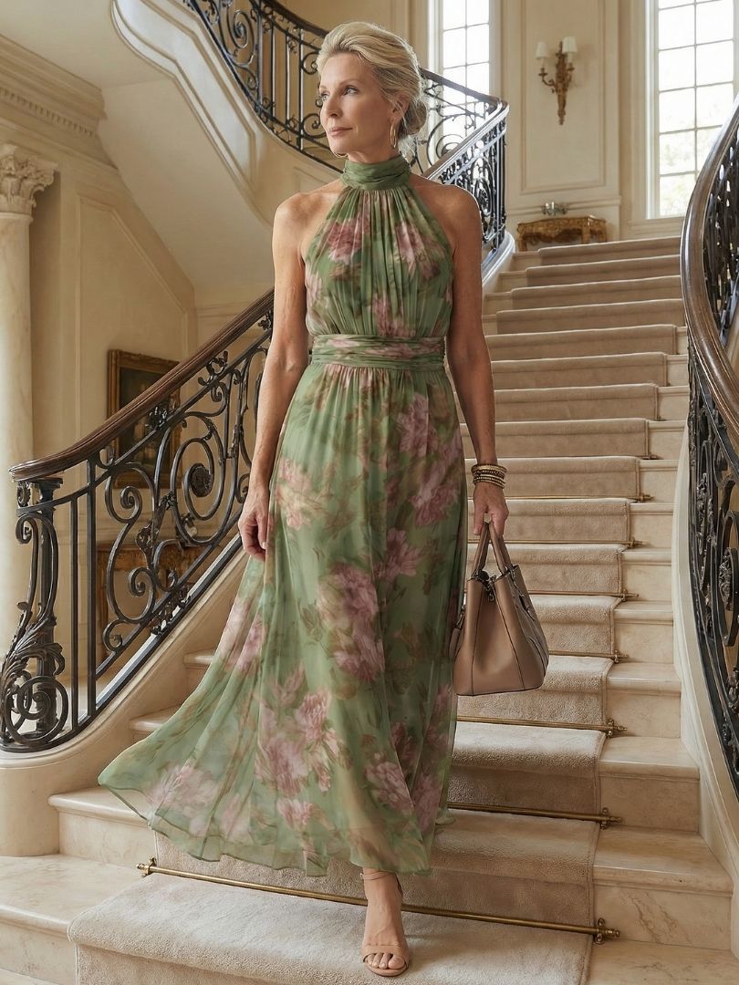 Whitemore & Daughters - Mirelle Maxi Dress: Halter-Neck Gathered Dress in Floral Print