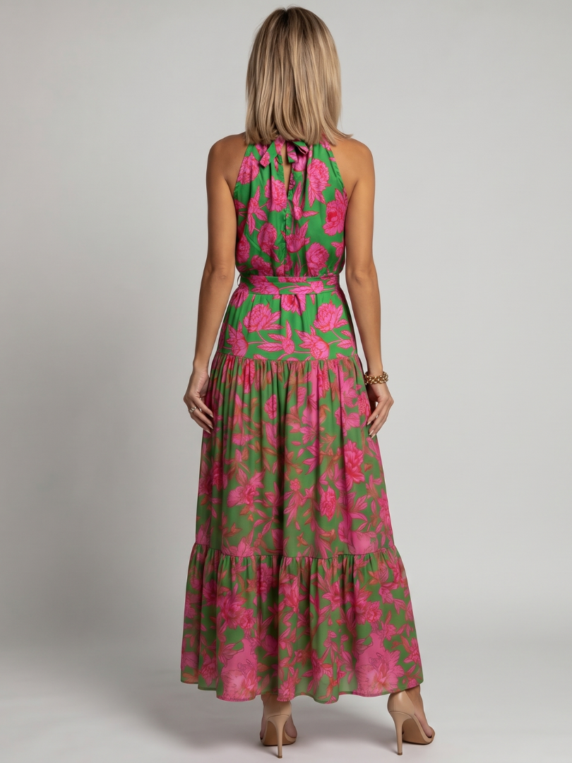 Whitemore & Daughters - Rowen Maxi Dress: Halter-Neck Belted Dress with Tiered Skirt in Floral Print