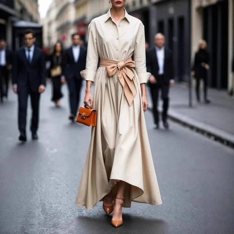 Whitemore & Daughters - Jadelie Midi Dress: Shirt-Collar Dress with Belted Waist and High-Low Hem