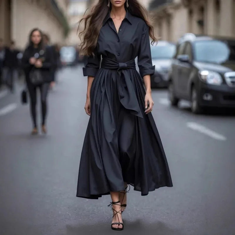 Whitemore & Daughters - Jadelie Midi Dress: Shirt-Collar Dress with Belted Waist and High-Low Hem