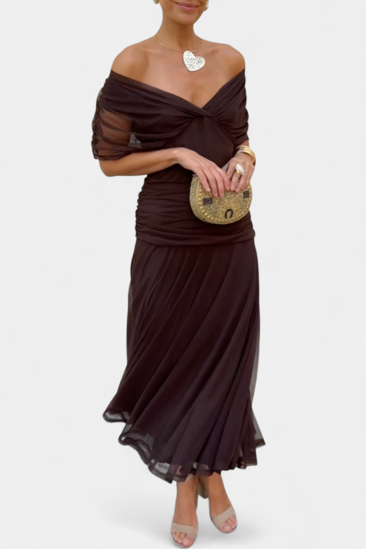 Whitemore & Daughters - Eloria Maxi Dress: Off-Shoulder Twist-Front Dress with Flutter Sleeves in Floral Print