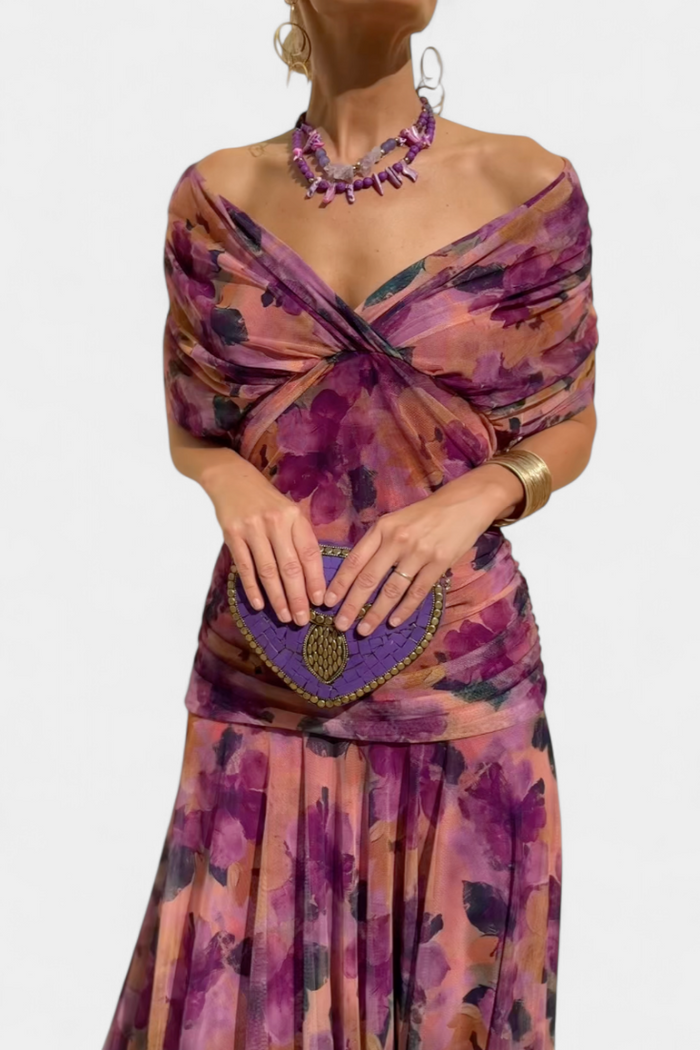 Whitemore & Daughters - Eloria Maxi Dress: Off-Shoulder Twist-Front Dress with Flutter Sleeves in Floral Print