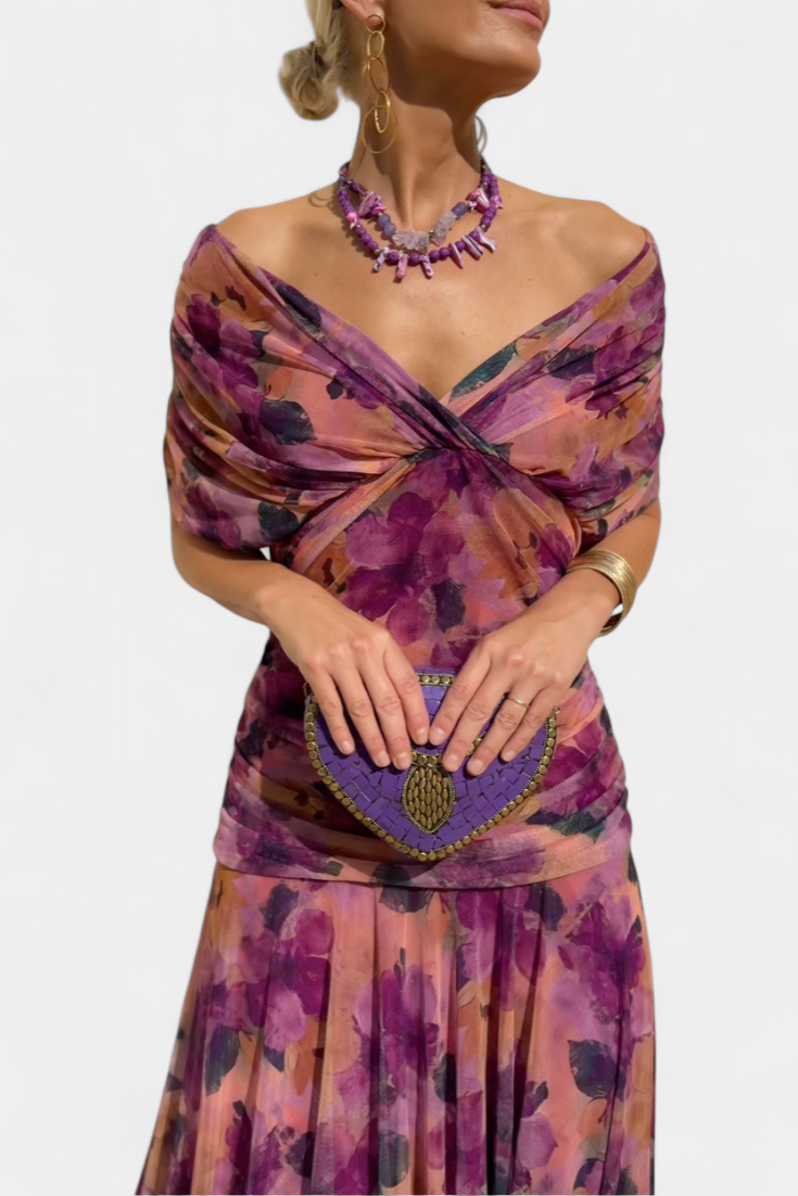 Whitemore & Daughters - Eloria Maxi Dress: Off-Shoulder Twist-Front Dress with Flutter Sleeves in Floral Print