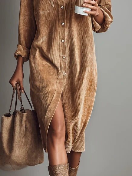 Whitemore & Daughters - Aurovia Midi Dress: Shirt-Collar Button-Front Dress with Front Slit