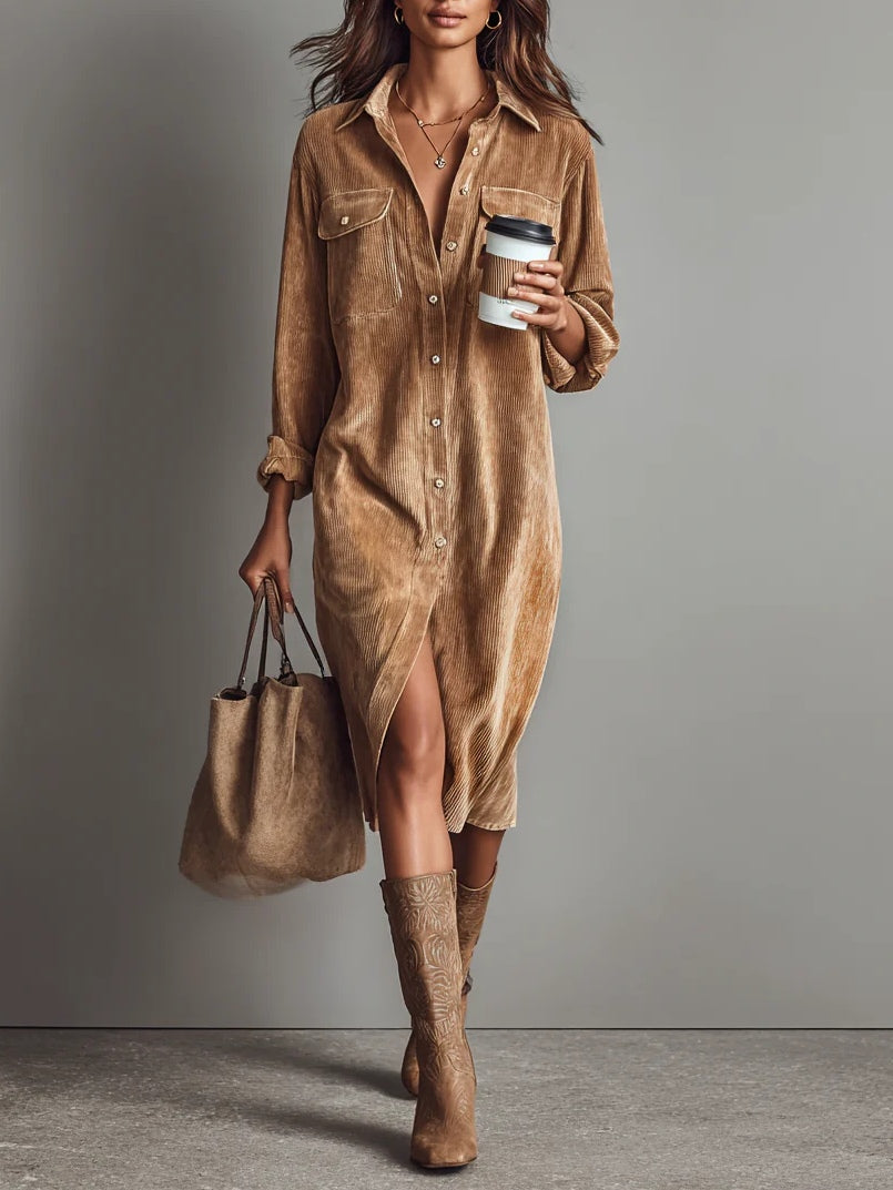 Whitemore & Daughters - Aurovia Midi Dress: Shirt-Collar Button-Front Dress with Front Slit