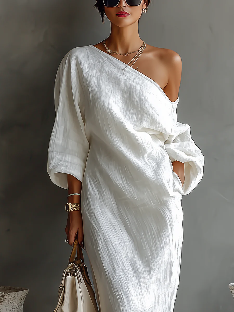Whitemore & Daughters - Elise Maxi Dress: One-Shoulder Draped Dress with Dolman Sleeve