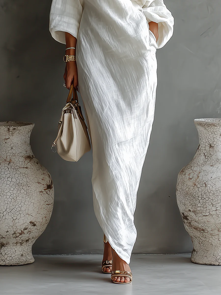 Whitemore & Daughters - Elise Maxi Dress: One-Shoulder Draped Dress with Dolman Sleeve