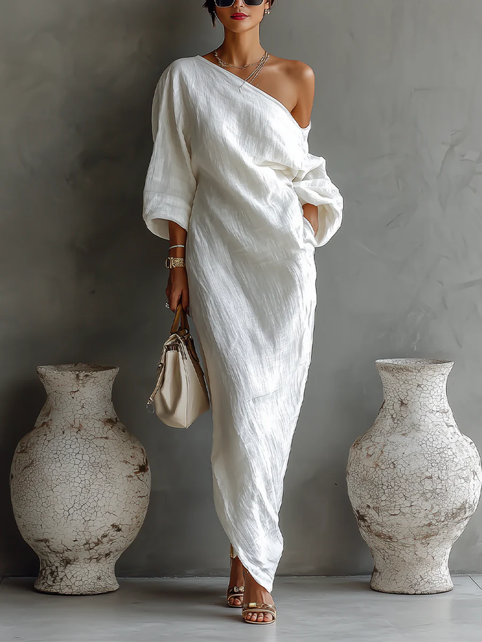 Whitemore & Daughters - Elise Maxi Dress: One-Shoulder Draped Dress with Dolman Sleeve
