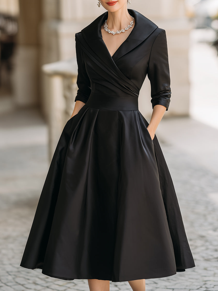 Whitemore & Daughters - Midi Dress: V-Neck Wrap Satin Dress with Full A-Line Skirt