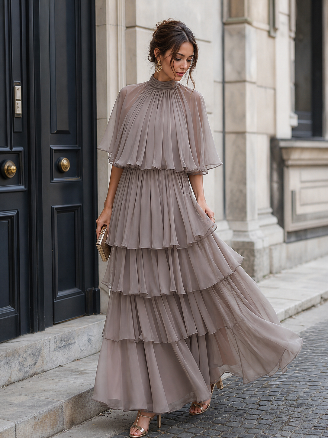 Whitemore & Daughters - Maxi Dress: High-Neck Dress with Cape Sleeves and Tiered Ruffle Skirt