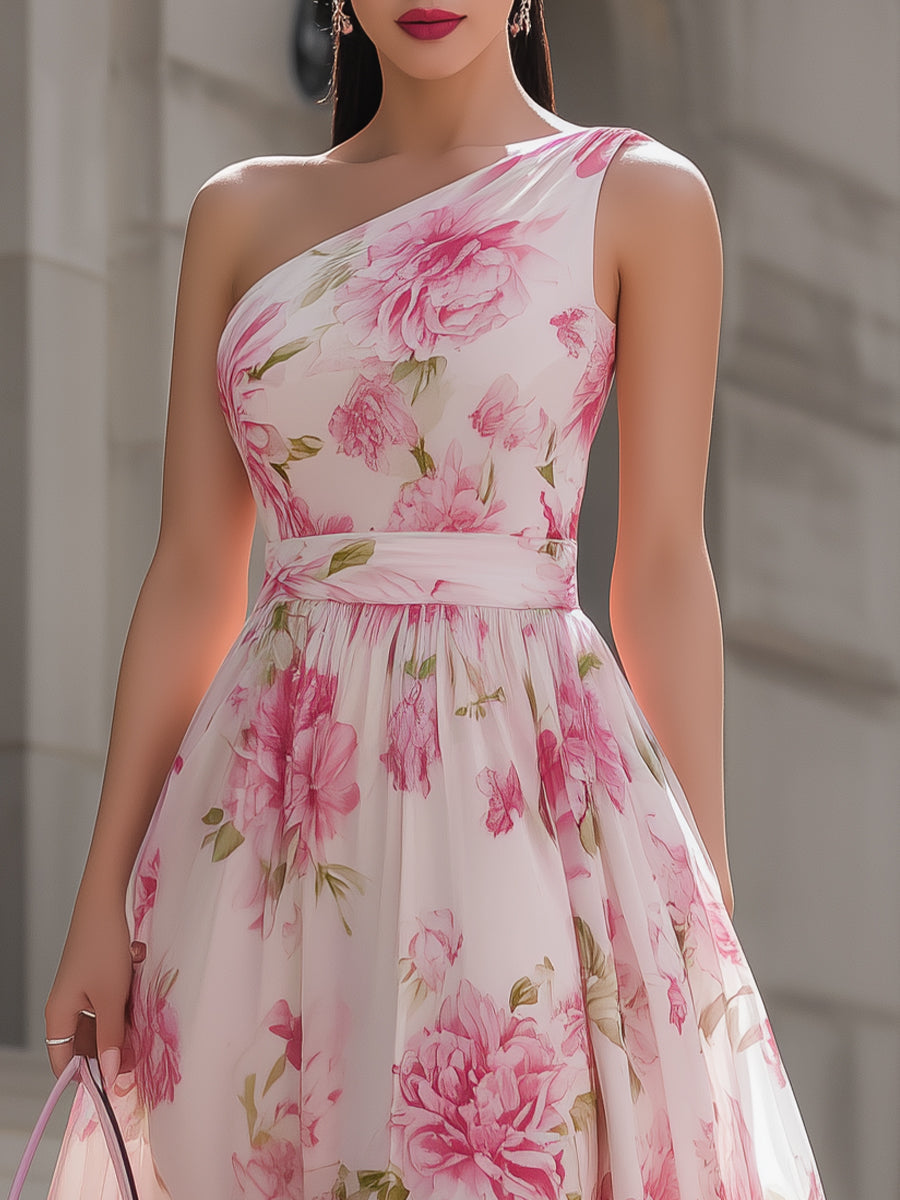 Whitemore & Daughters - Midi Dress: One-Shoulder Belted Dress in Floral Print