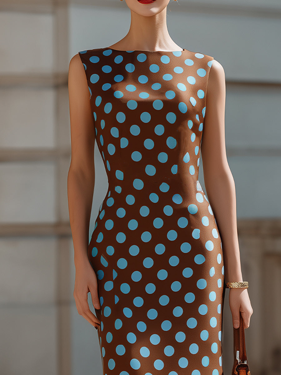 Whitemore & Daughters - Midi Dress: Round-Neck Sleeveless Sheath Dress in Polka Dot Print