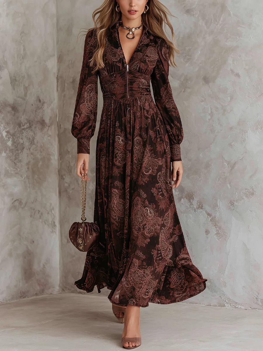 Whitemore & Daughters - Amelia Maxi Dress: V-Neck Zip-Front Dress with Long Sleeves in Paisley Print