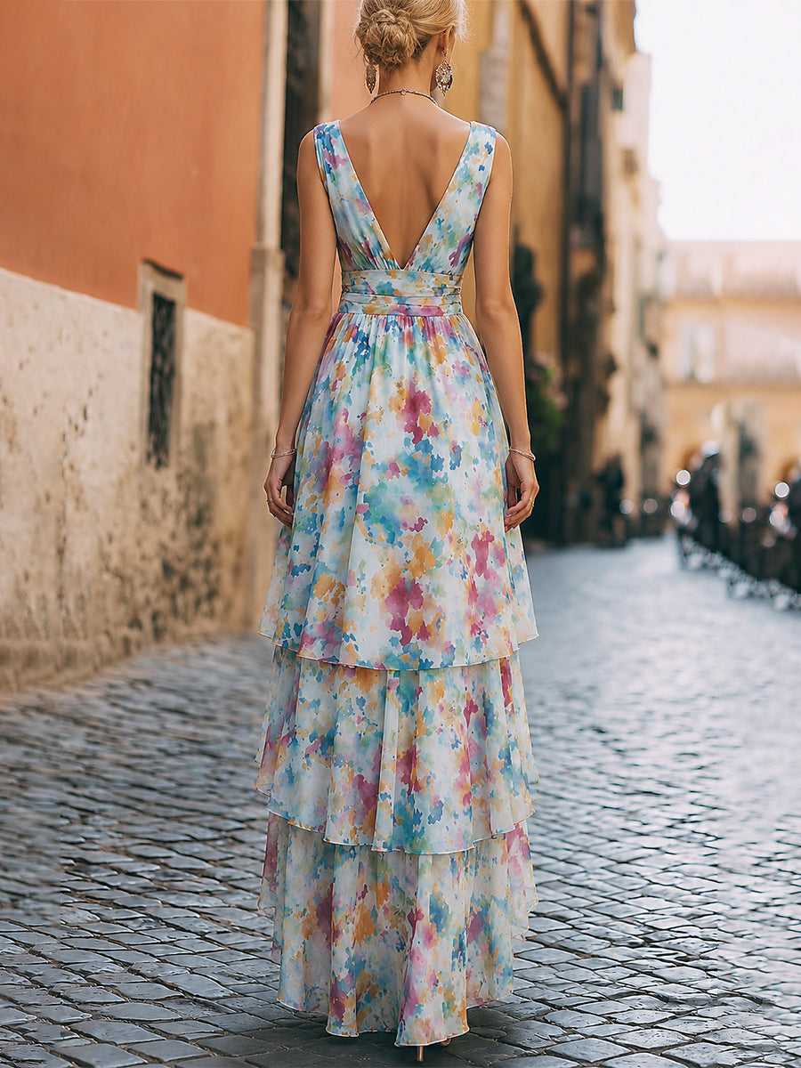 Whitemore & Daughters - Midi Dress: High-Low V-Neck Dress with Chiffon Sash Belt in Watercolor Print