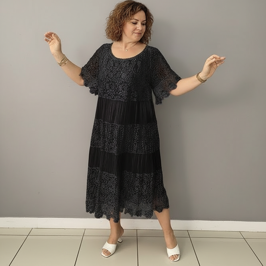 Whitemore & Daughters - Berlinda Midi Dress: Round-Neck Lace Dress with Tiered Skirt
