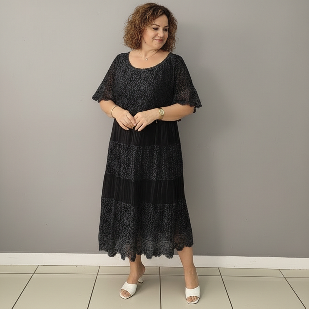 Whitemore & Daughters - Berlinda Midi Dress: Round-Neck Lace Dress with Tiered Skirt