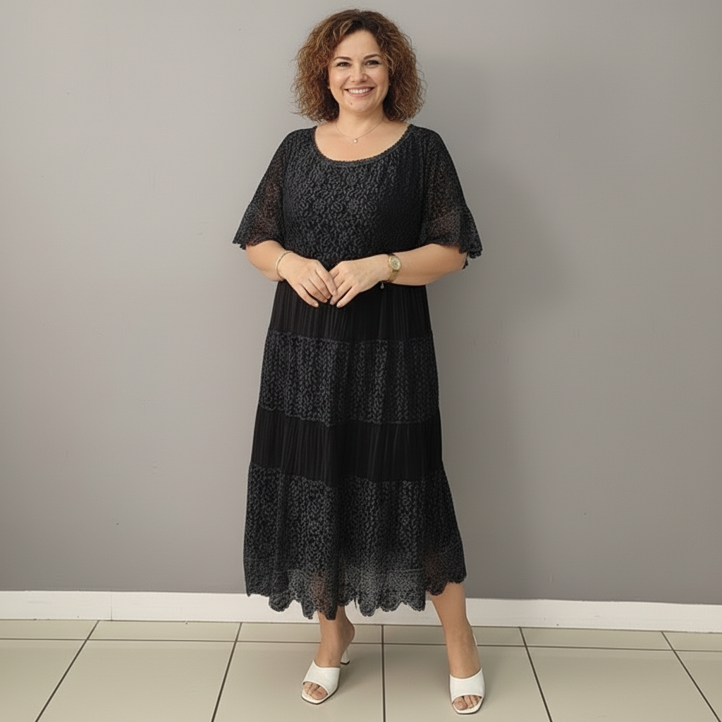 Whitemore & Daughters - Berlinda Midi Dress: Round-Neck Lace Dress with Tiered Skirt
