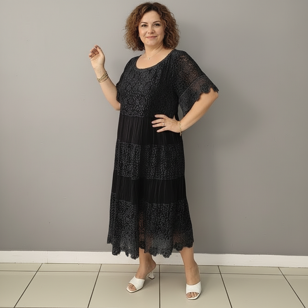 Whitemore & Daughters - Berlinda Midi Dress: Round-Neck Lace Dress with Tiered Skirt