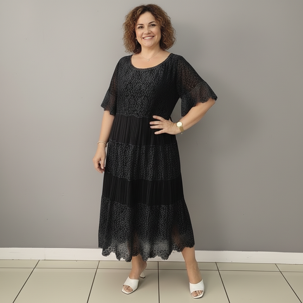 Whitemore & Daughters - Berlinda Midi Dress: Round-Neck Lace Dress with Tiered Skirt