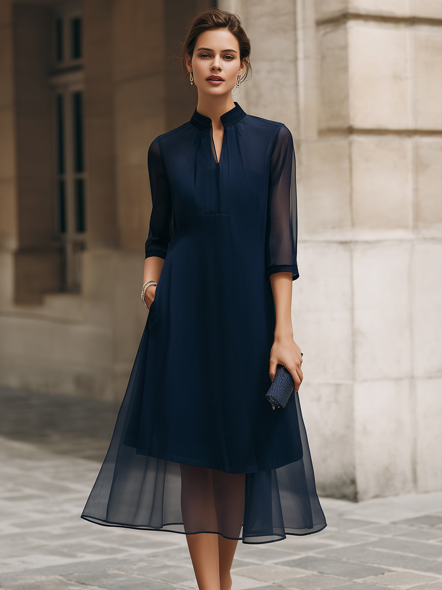 Whitemore & Daughters - Midi Dress: Mandarin-Collar Dress with Sheer Overlay