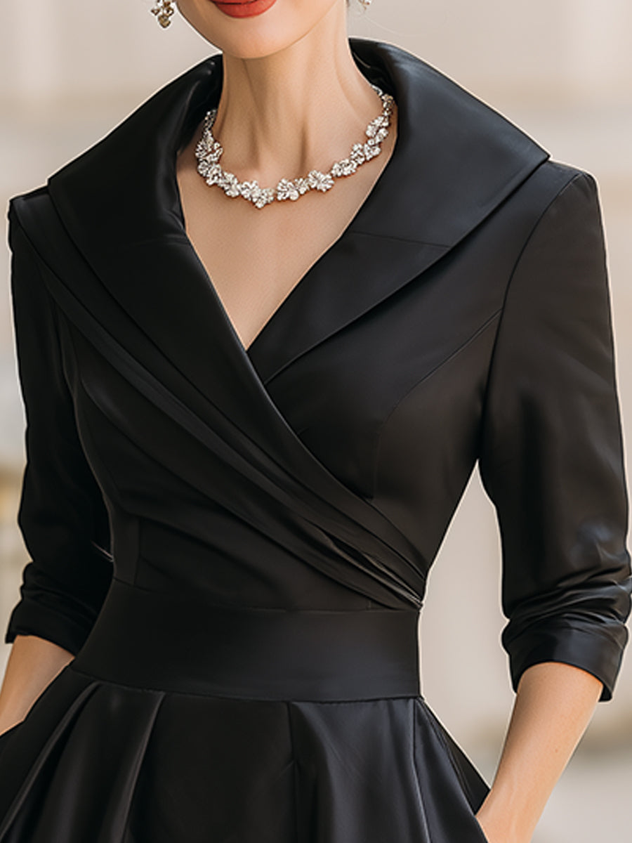 Whitemore & Daughters - Midi Dress: V-Neck Wrap Satin Dress with Full A-Line Skirt