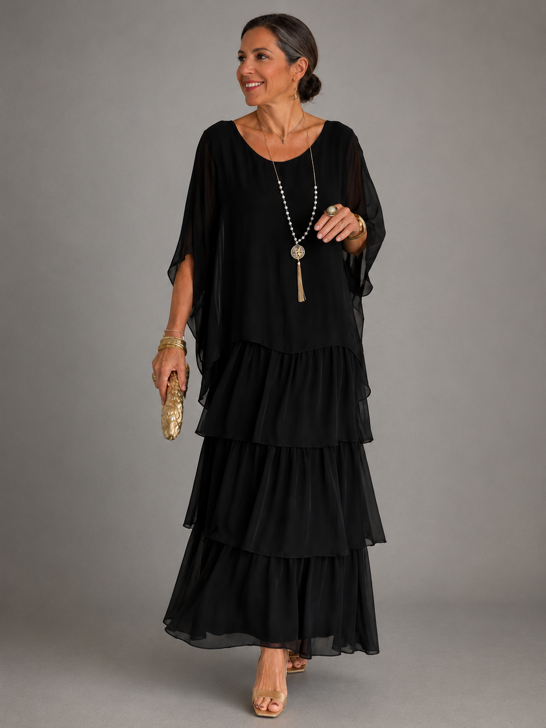 Whitemore & Daughters - Velmara Maxi Dress: Tiered Chiffon Dress with Cape-Overlay Flutter Sleeves