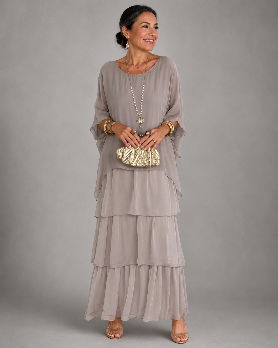 Whitemore & Daughters - Velmara Maxi Dress: Tiered Chiffon Dress with Cape-Overlay Flutter Sleeves