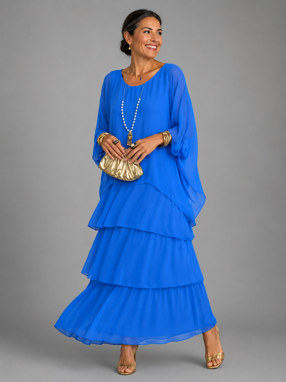 Whitemore & Daughters - Velmara Maxi Dress: Tiered Chiffon Dress with Cape-Overlay Flutter Sleeves