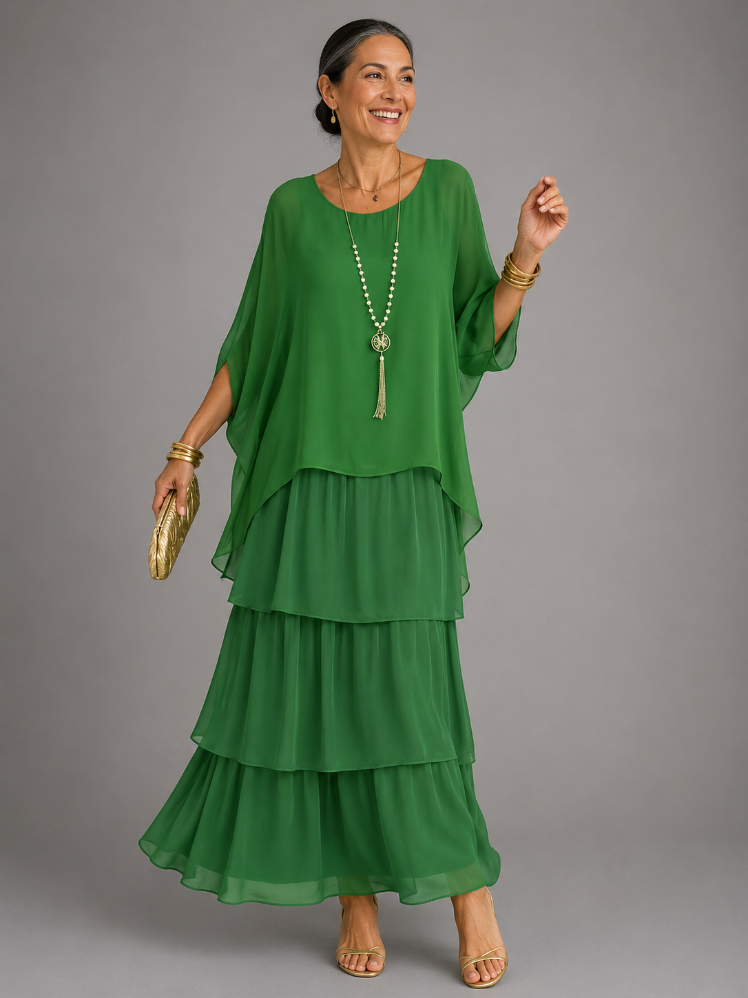 Whitemore & Daughters - Velmara Maxi Dress: Tiered Chiffon Dress with Cape-Overlay Flutter Sleeves