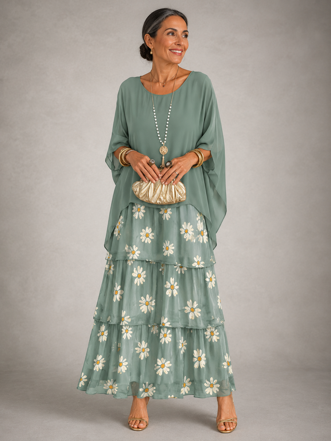 Whitemore & Daughters - Velmara Maxi Dress: Tiered Chiffon Dress with Cape-Overlay Flutter Sleeves
