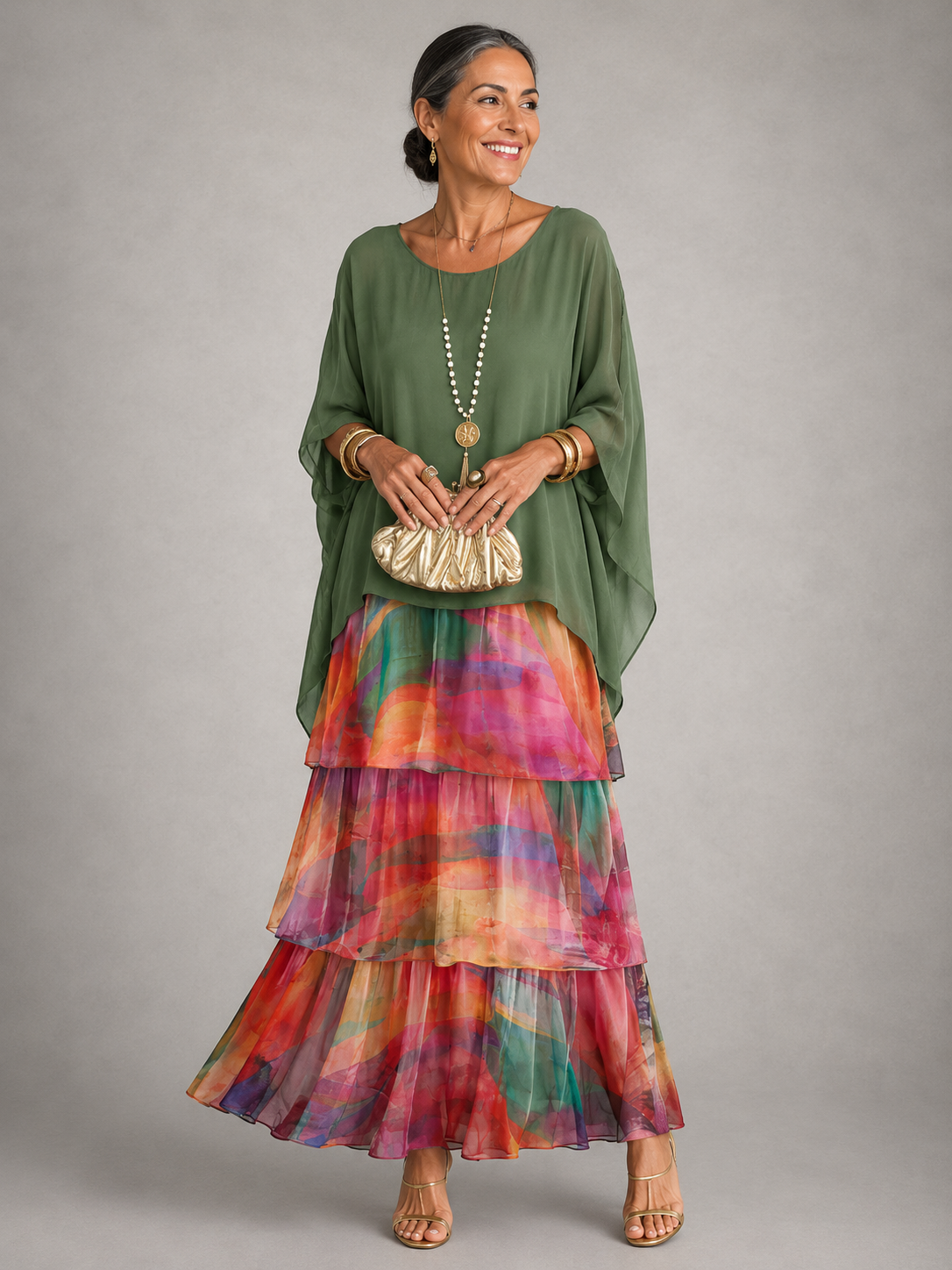 Whitemore & Daughters - Velmara Maxi Dress: Tiered Chiffon Dress with Cape-Overlay Flutter Sleeves