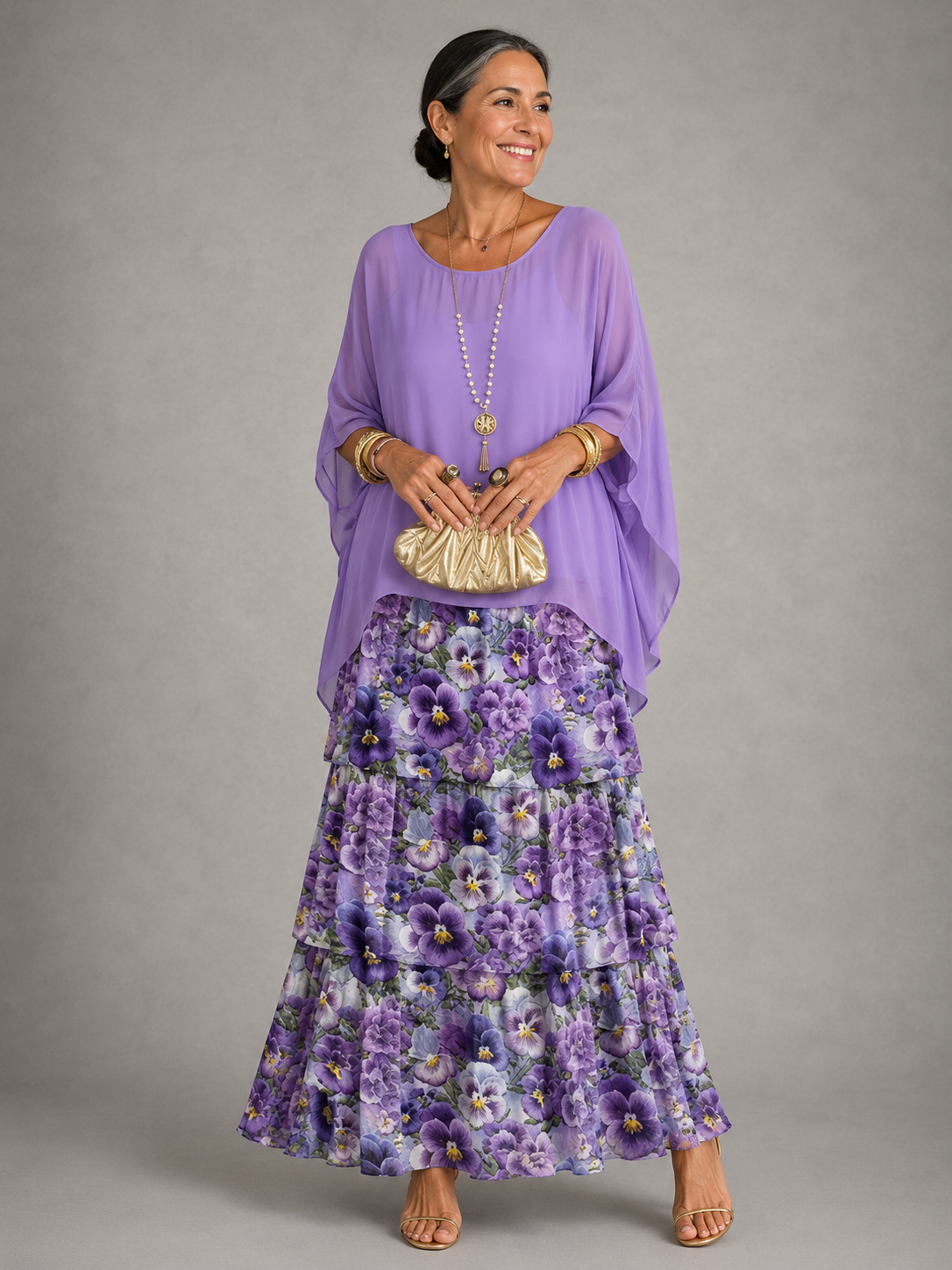 Whitemore & Daughters - Velmara Maxi Dress: Tiered Chiffon Dress with Cape-Overlay Flutter Sleeves