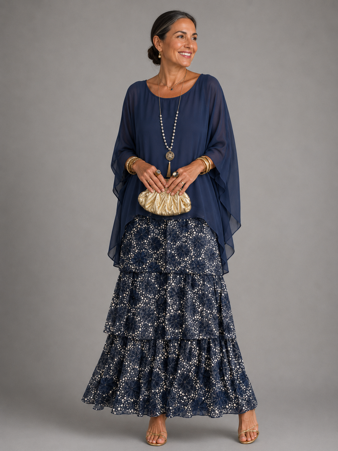 Whitemore & Daughters - Velmara Maxi Dress: Tiered Chiffon Dress with Cape-Overlay Flutter Sleeves