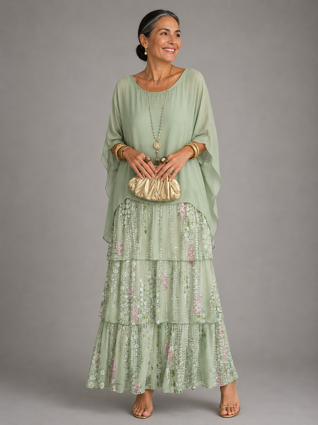 Whitemore & Daughters - Velmara Maxi Dress: Tiered Chiffon Dress with Cape-Overlay Flutter Sleeves