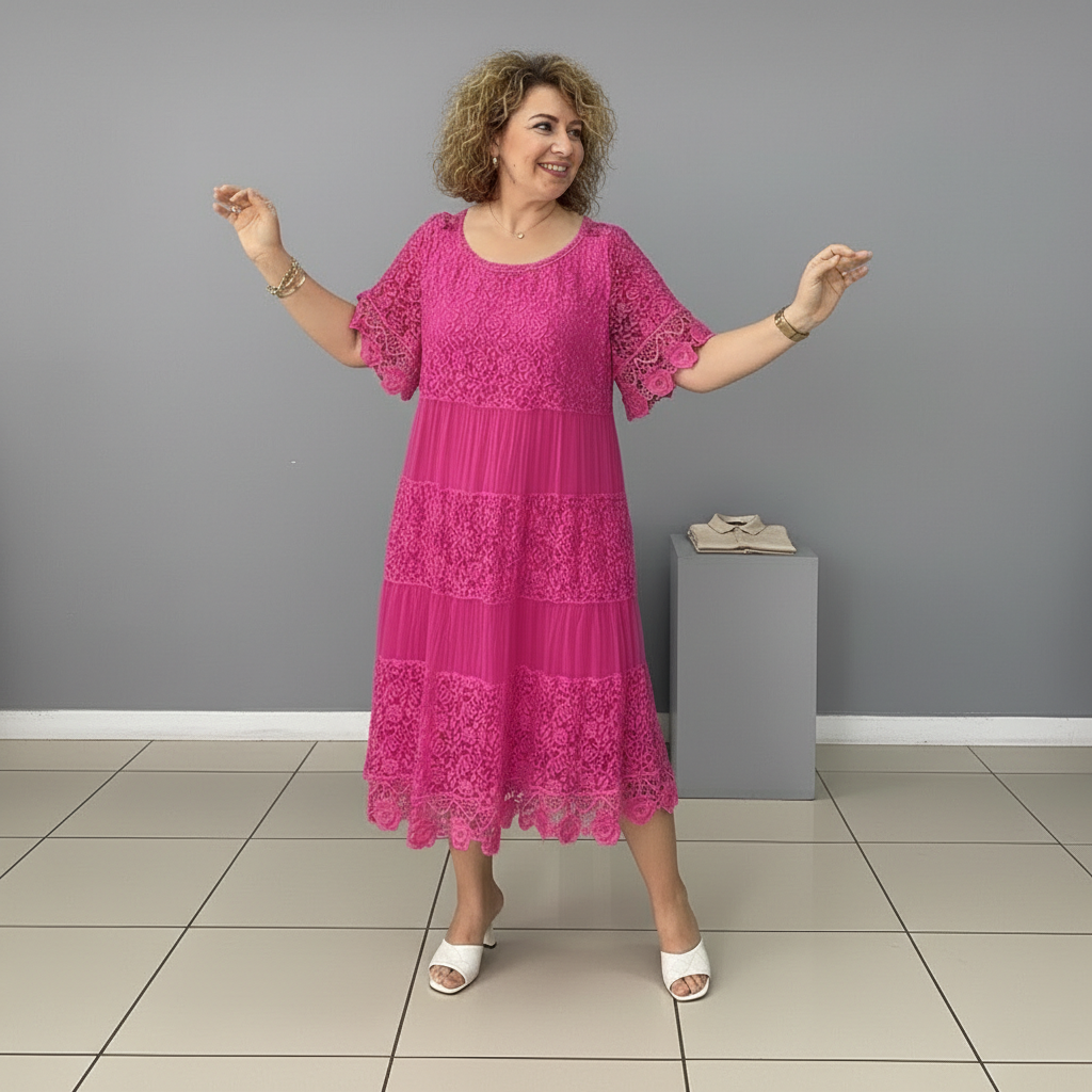 Whitemore & Daughters - Berlinda Midi Dress: Round-Neck Lace Dress with Tiered Skirt