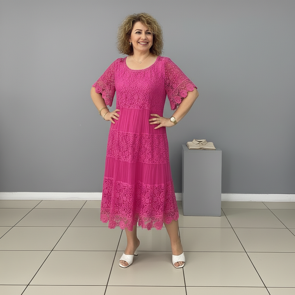 Whitemore & Daughters - Berlinda Midi Dress: Round-Neck Lace Dress with Tiered Skirt