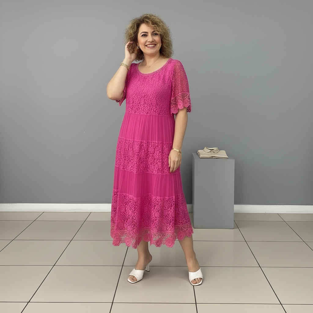 Whitemore & Daughters - Berlinda Midi Dress: Round-Neck Lace Dress with Tiered Skirt