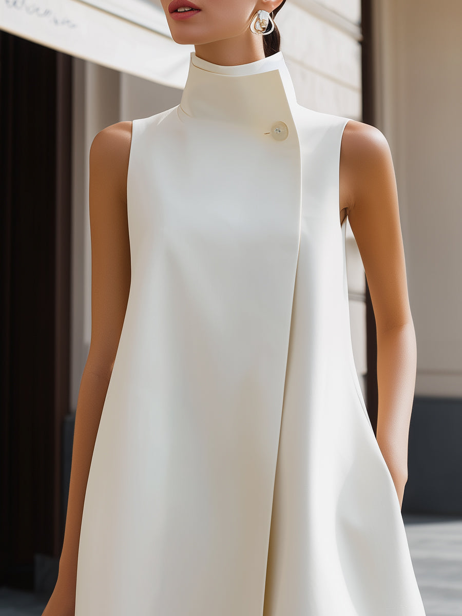 Whitemore & Daughters - Maxi Dress: High-Neck Sleeveless A-Line Dress with Asymmetric Wrap Detail
