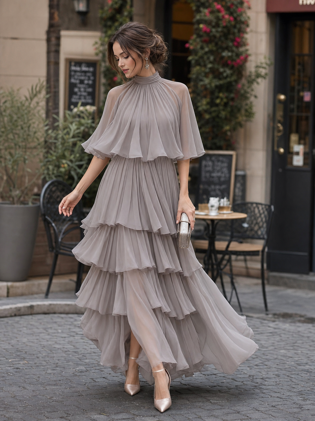 Whitemore & Daughters - Maxi Dress: High-Neck Dress with Cape Sleeves and Tiered Ruffle Skirt