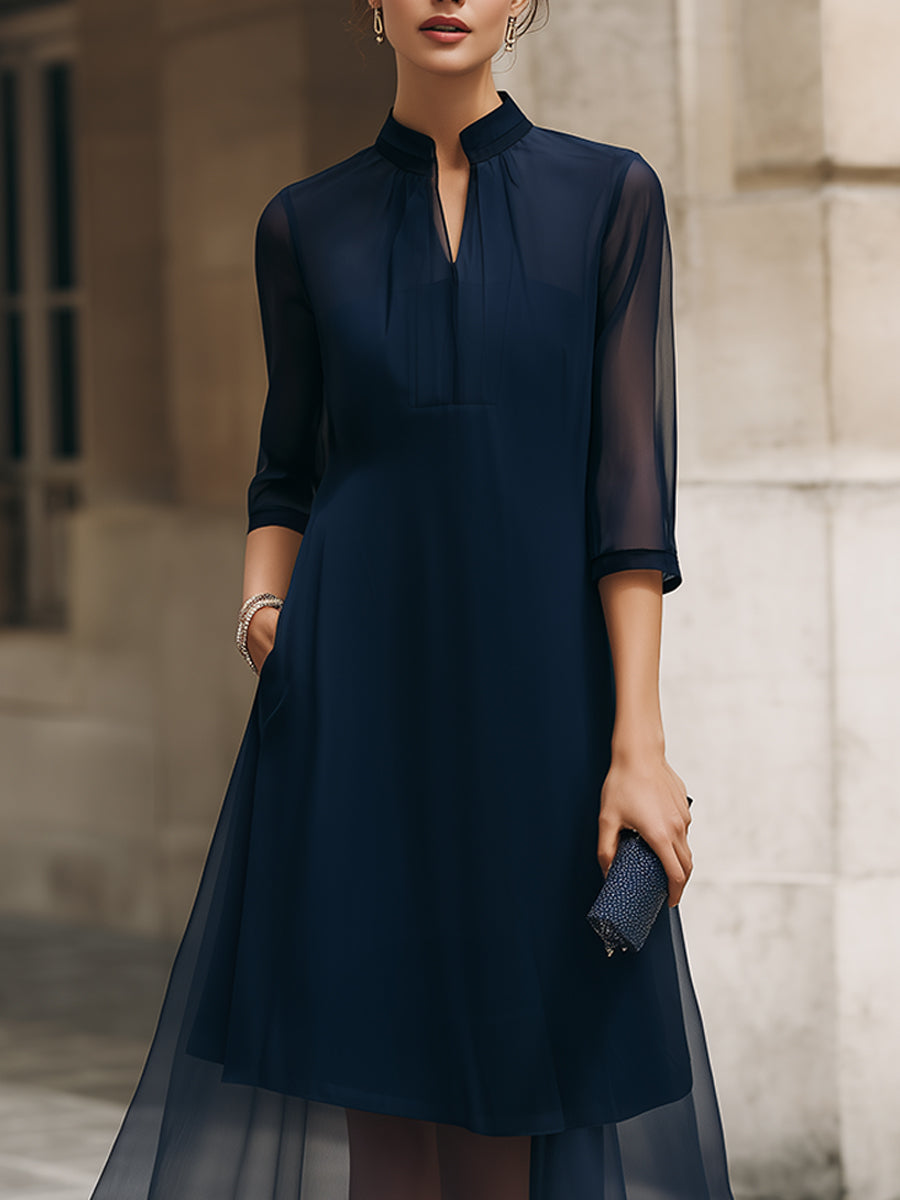 Whitemore & Daughters - Midi Dress: Mandarin-Collar Dress with Sheer Overlay