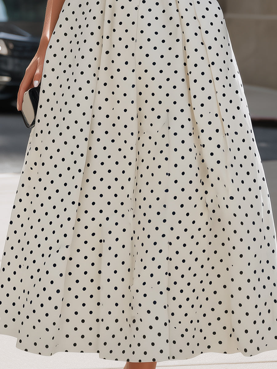 Whitemore & Daughters - Maxi Dress: Mock-Neck A-Line Dress with Cap Sleeves in Polka Dot Print