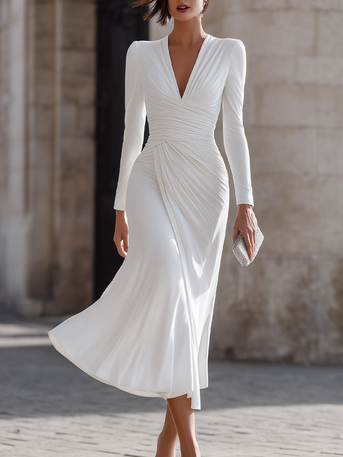 Whitemore & Daughters - Midi Dress: V-Neck Ruched Dress with Long Sleeves