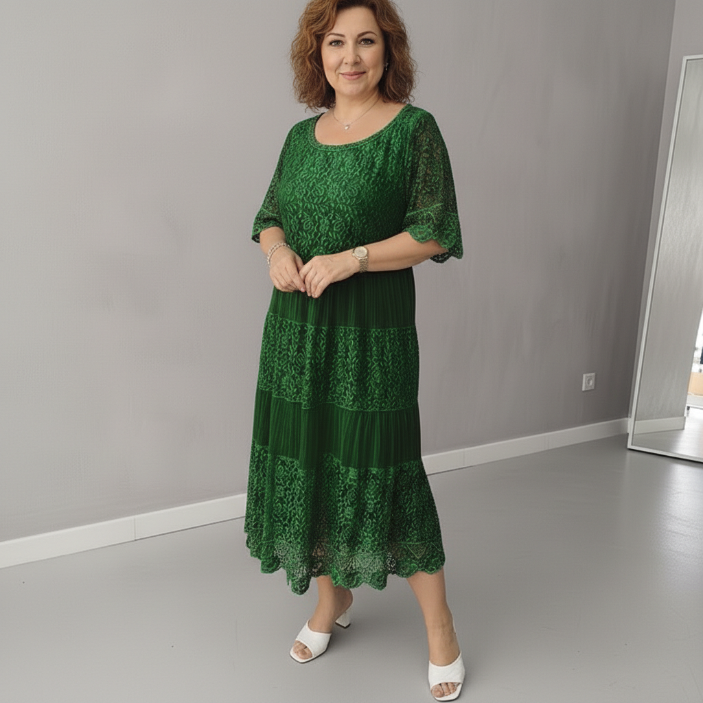 Whitemore & Daughters - Berlinda Midi Dress: Round-Neck Lace Dress with Tiered Skirt