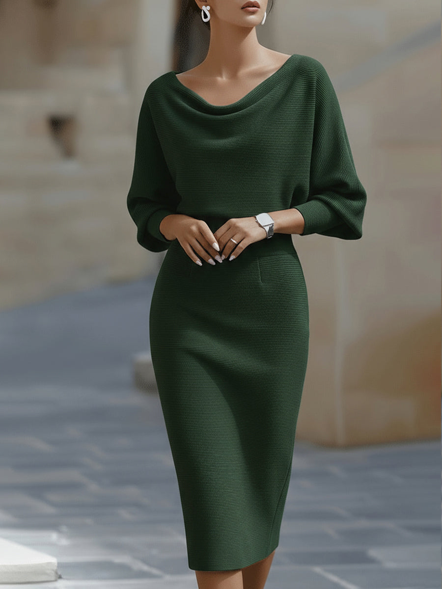 Whitemore & Daughters - Midi Dress: Draped Boat-Neck Dress with Batwing Sleeves