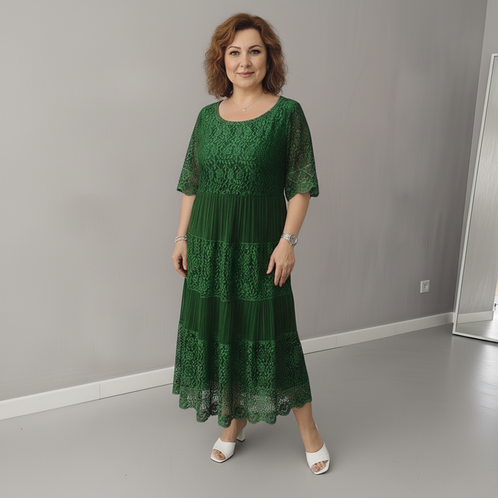 Whitemore & Daughters - Berlinda Midi Dress: Round-Neck Lace Dress with Tiered Skirt